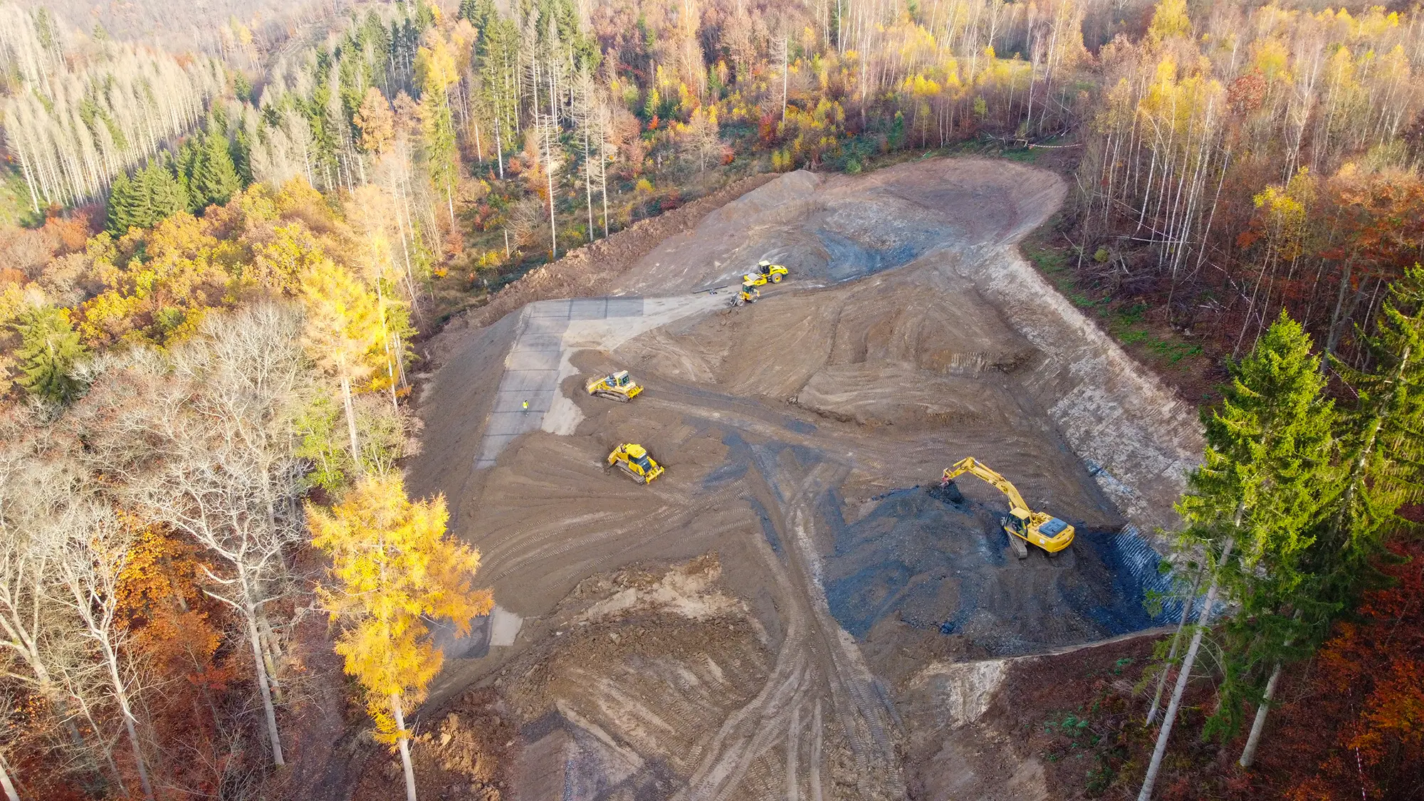 Gelbe Bagger auf Fläche im Wald, erneuerbare Energien, Windpark